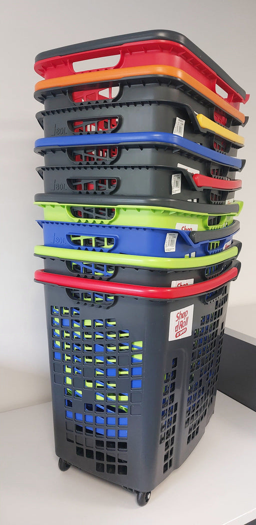 Set of 9 Bundle: Plastic Shopping Trolley Basket 80L (Mix of Colours)