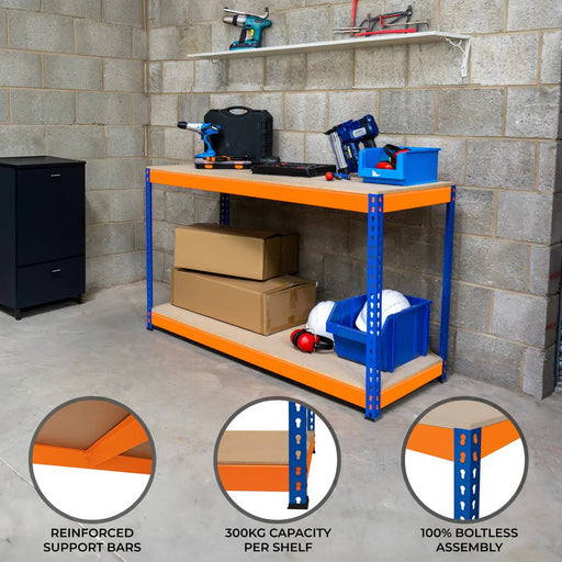 Boltless Garage Workshop Workbench 900mm H, 900 / 450 / 2 Tier Workbench, Filstorage