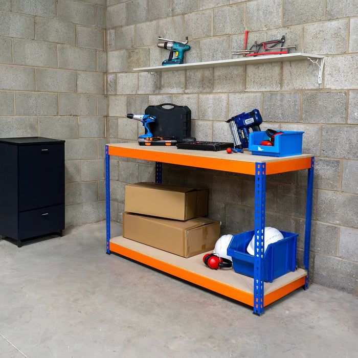 Boltless Garage Workshop Workbench 900mm H, 900 / 450 / 2 Tier Workbench, Filstorage