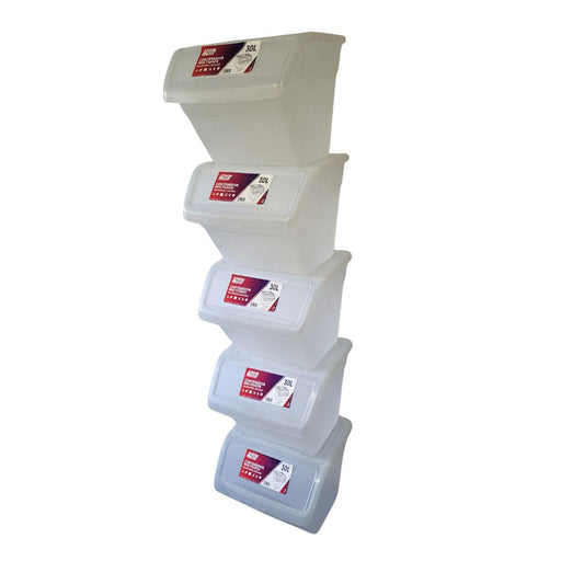 Set of 5 Stacking Container Box with Hinged Lid (TECO30) 30L Each, Clear Body/Blue Lid, Filstorage