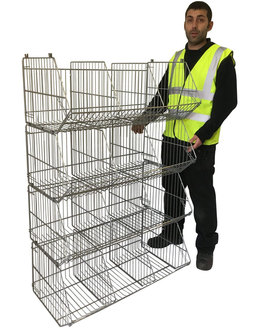 Set of 4 Large Wire Storage Stacking Display Baskets & 8 Dividers, 900mm White Basket Stack Kit, Filstorage