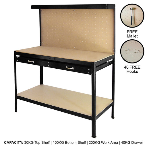 Complete Garage & Workshop Workbench with Pegboard 1550mm H x 1200mm W x 600mm D, Black, Filstorage