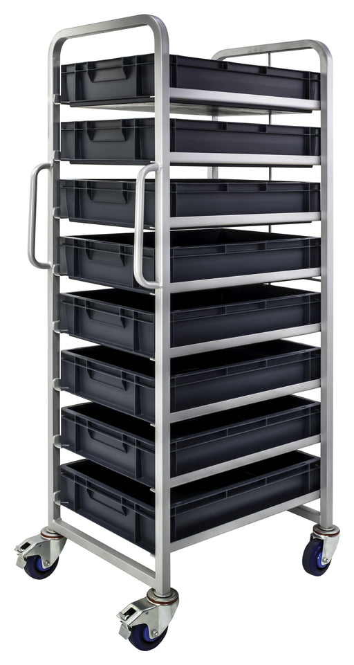 Euro Stacking Container Tray Trolleys 1500mm H x 700mm W x 470mm D, Complete 8 Tier Trolley with 120mm high Euro Containers, Filstorage