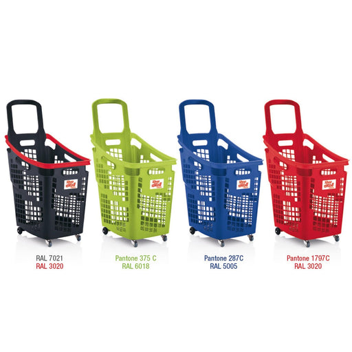 X-Large 4 Wheel Plastic Trolley Basket 65L (4 Colours), Grey/Red, Filstorage