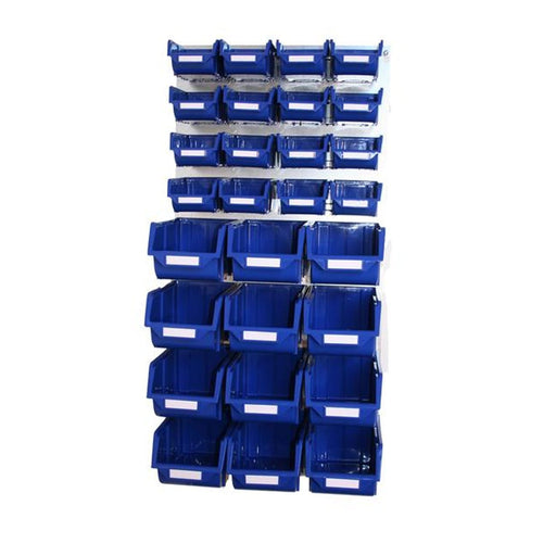 Metal Wall Storage Kit with 28 Plastic Parts Bins (Steel Panel), Blue, Filstorage