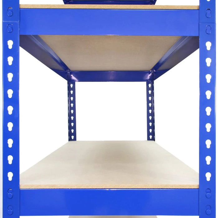 Blue Metal Shelving Unit side view