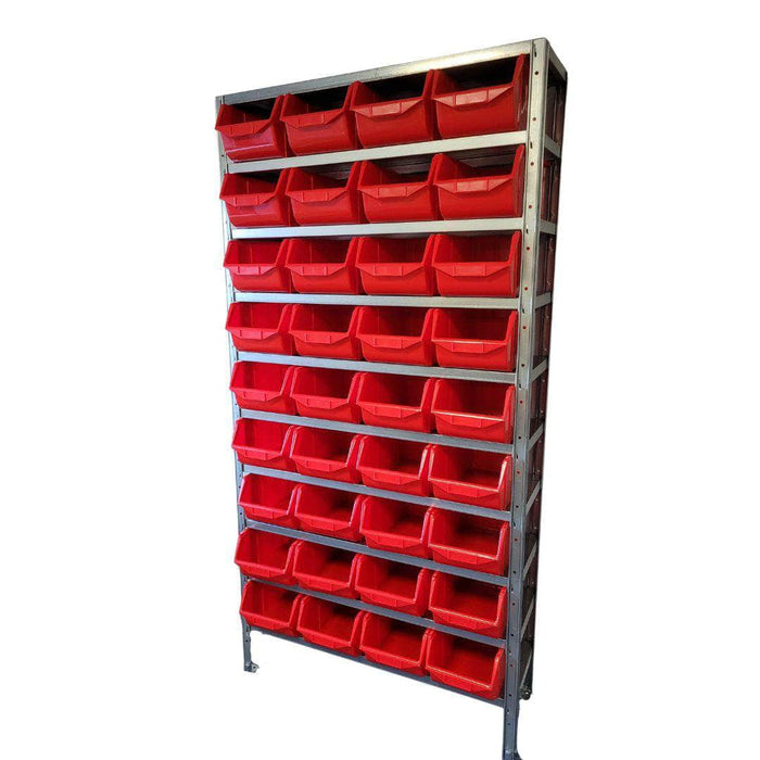 Steel Shelving Unit with 36 Large Storage Bins Red