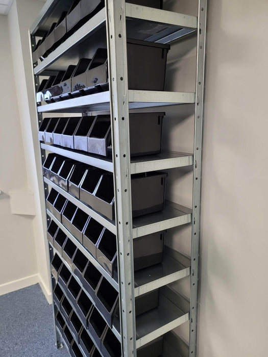 Steel Shelving with Black Kaddy Storage Bins side view