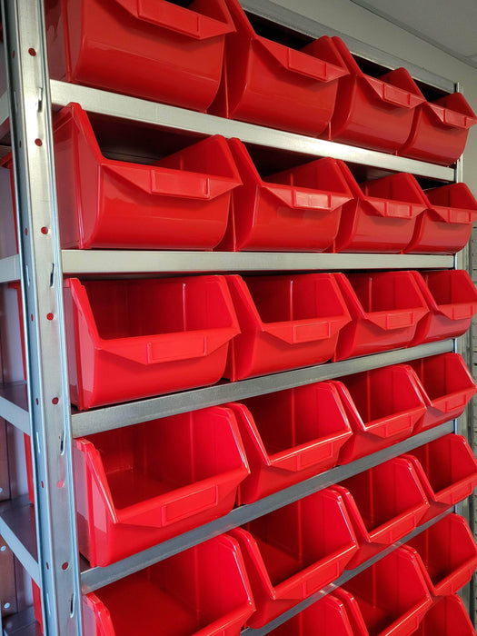 Steel Shelving Unit with Red Bins Close Up