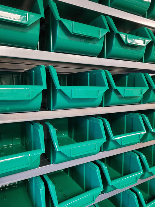 Steel Shelving Unit with Green Storage Bins close up