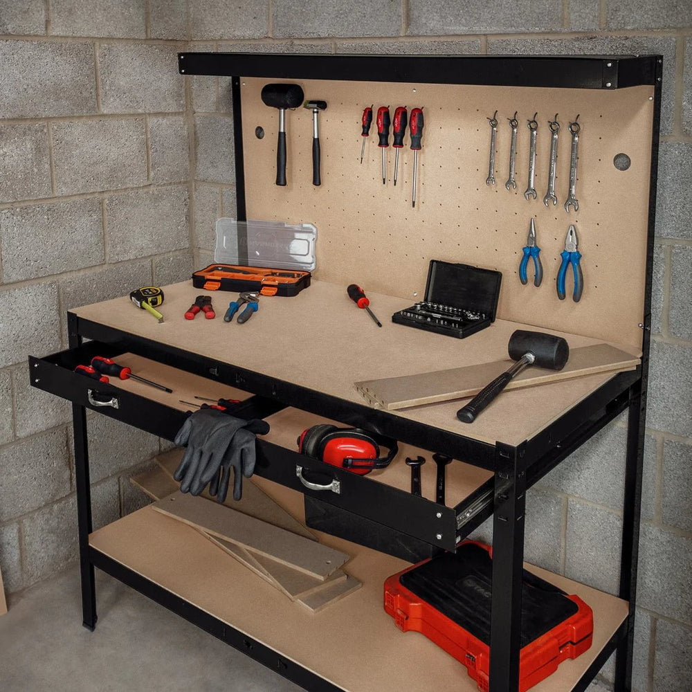 Complete Garage & Workshop Workbench with Pegboard & Light