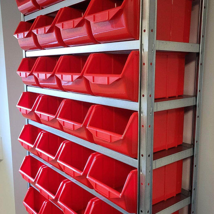 Steel Shelving Unit with Red Storage Bins