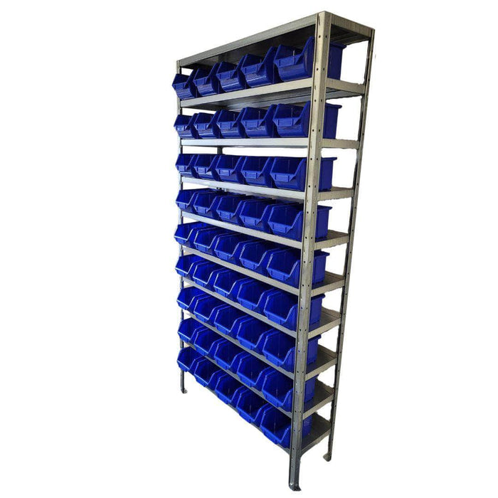 Side View of Steel Shelving Unit with Storage Bins