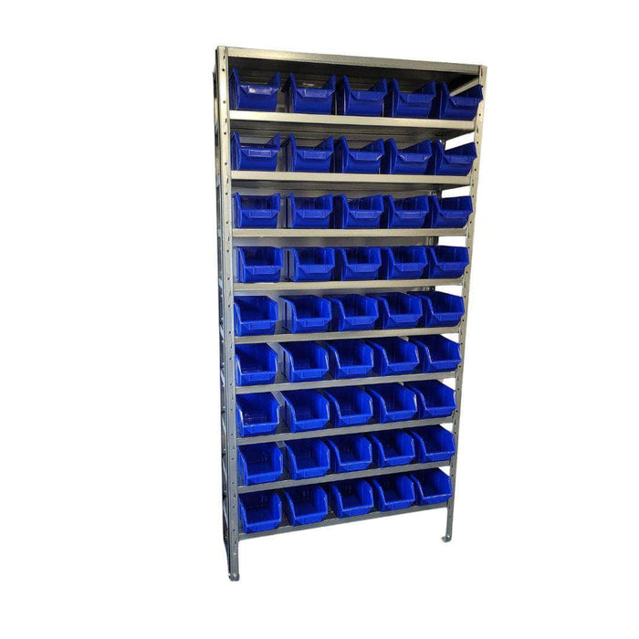 Front View of Steel Shelving Unit with Blue Storage Bins