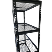 Black Mesh shelving unit side view showing levels
