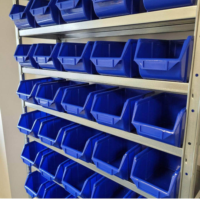 Blue Storage Bins on Steel Shelving Unit