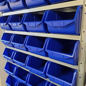 Steel Shelving Unit with Blue Storage Bins