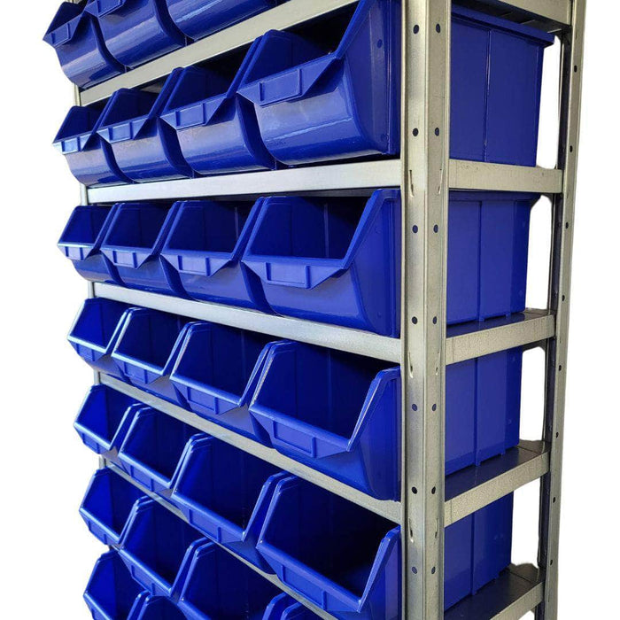 Steel Shelving Unit with blue storage bins close up