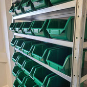 Steel Shelving Unit with 45 Bins green close up