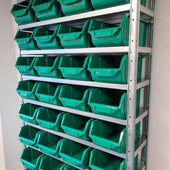 green storage bins on steel shelving unit