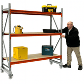 mobile storage longspan shelving rack in situ