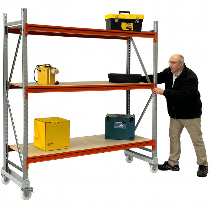 mobile storage longspan shelving rack in situ