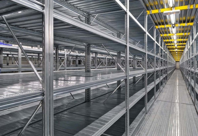 steel shelving in warehouse