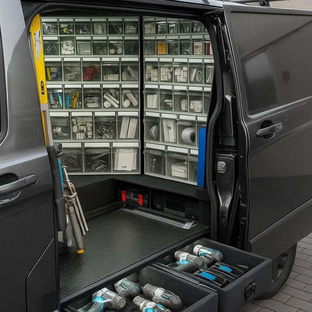 Van Storage Tilt Bin 3 Grey & Locking Bar — Filstorage