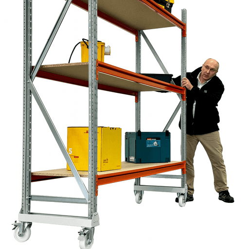 mobile storage longspan shelving rack in situ