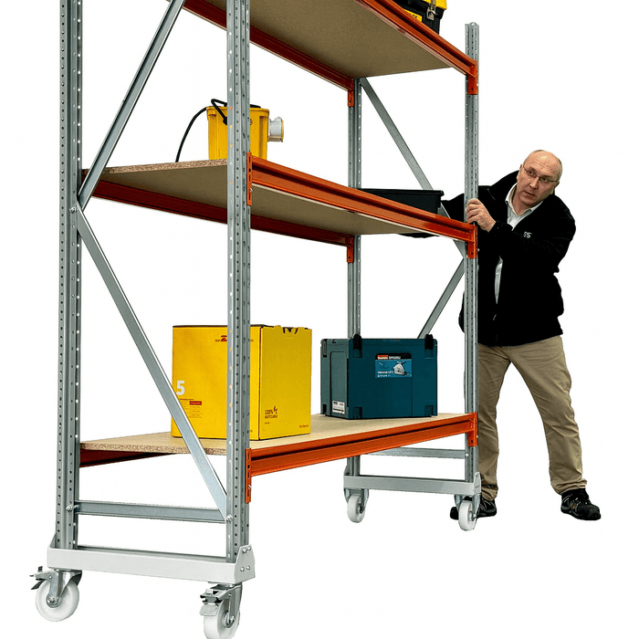 mobile storage longspan shelving rack in situ
