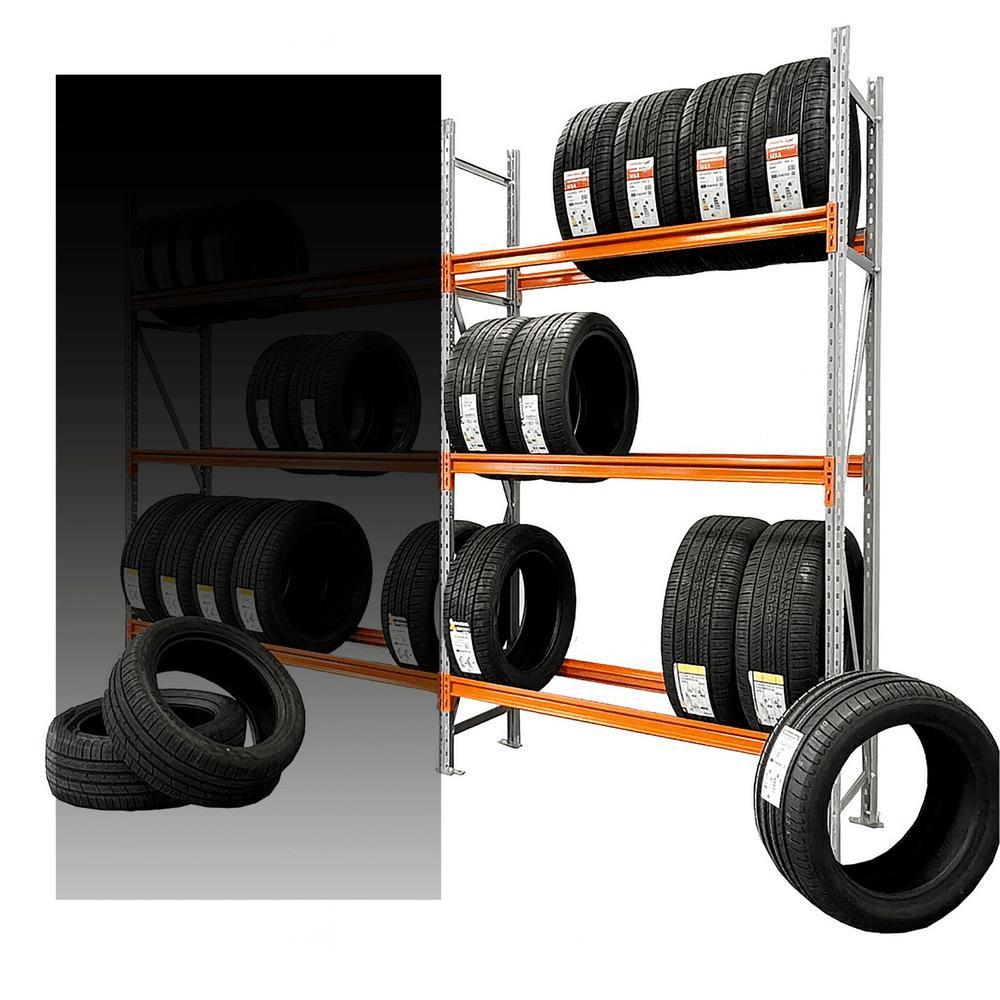 Tire rack with multiple tires on a white background