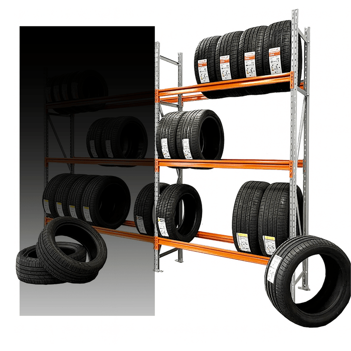 Tire rack with multiple tires on a white background