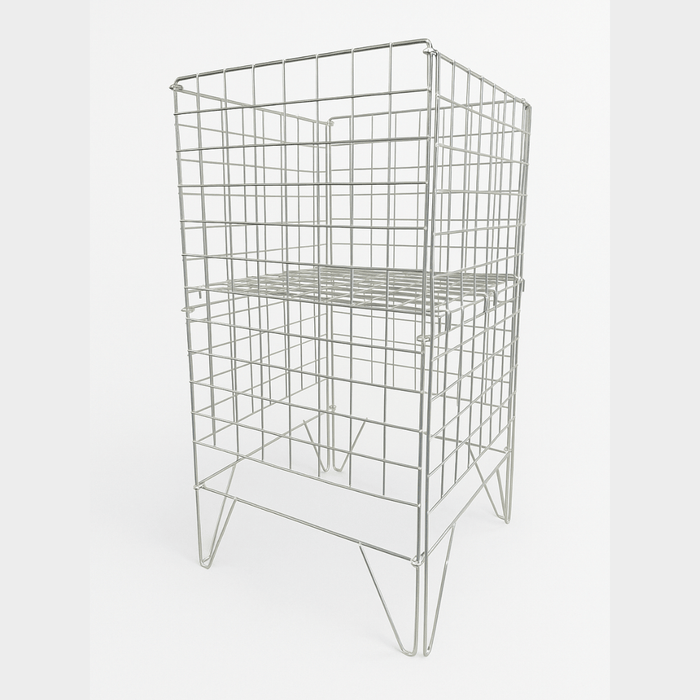 Silver Dump Bin with adjustable bottom front view