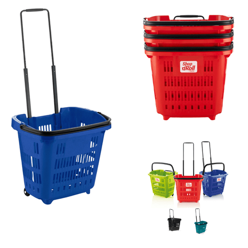 Set of 5 Bundle: Plastic Shopping Trolley Basket 34L (6 Colours) - Filstorage